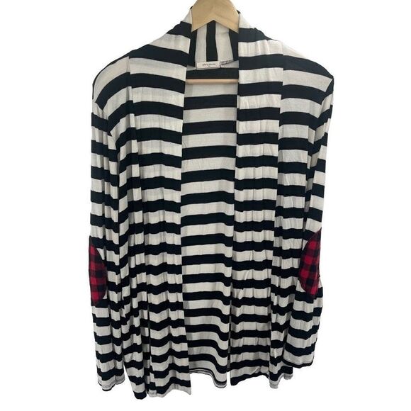 12PM by Mon Ami Women's Cardigan Sweater Striped Plaid Elbow Black White Large - Picture 5 of 7